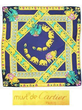 Cartier Multi-Color Multi-Elephants Silk Jacquard "Must de Cartier" Scarf Wrap